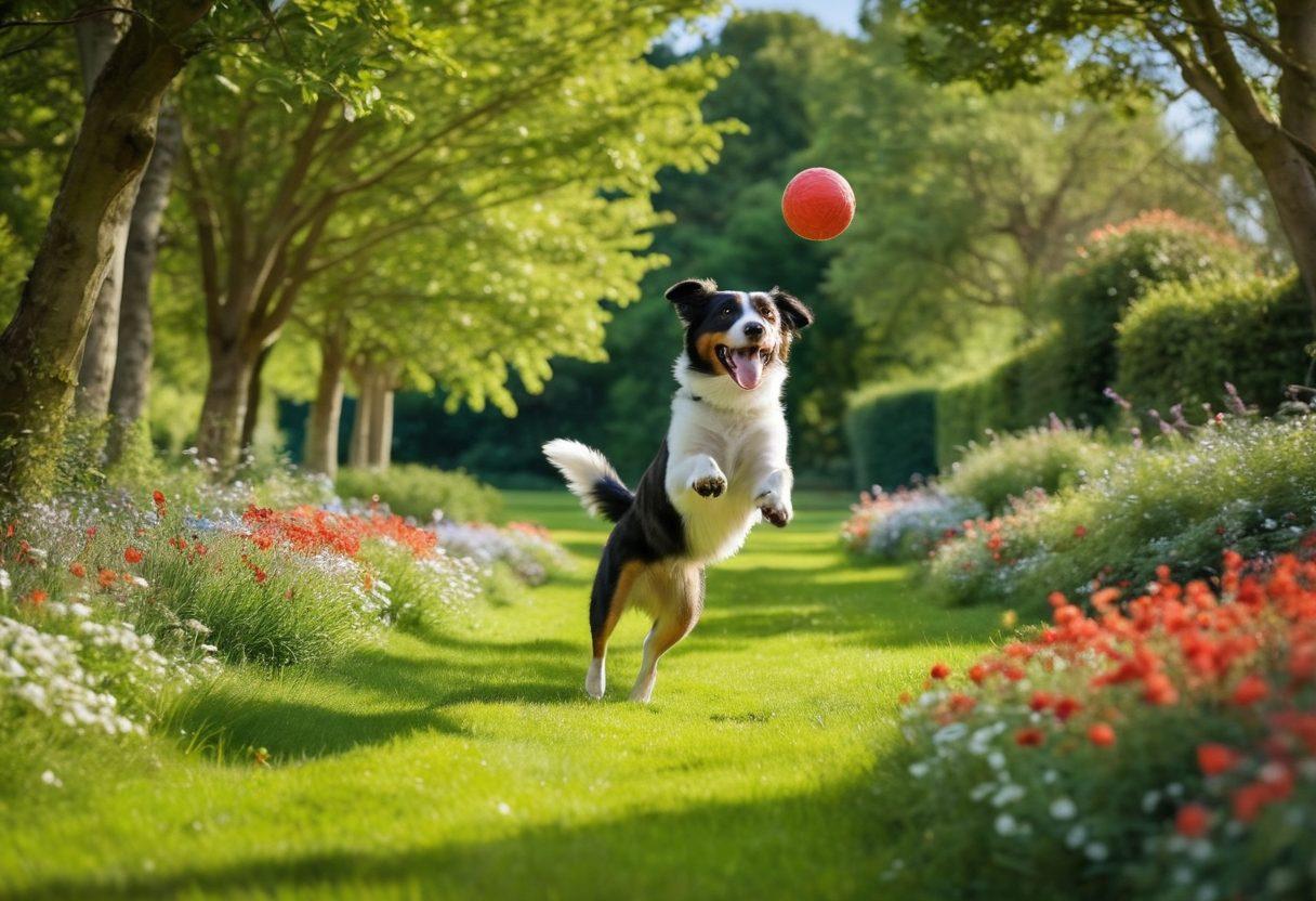 A heartwarming scene of a person joyfully playing fetch with a spirited working dog in a lush green park, surrounded by bright flowers and trees. The dog shows excitement while the person smiles, symbolizing the bond of companionship. In the background, a clear blue sky adds to the cheerful atmosphere, emphasizing active engagement. super-realistic. vibrant colors. light-hearted mood.