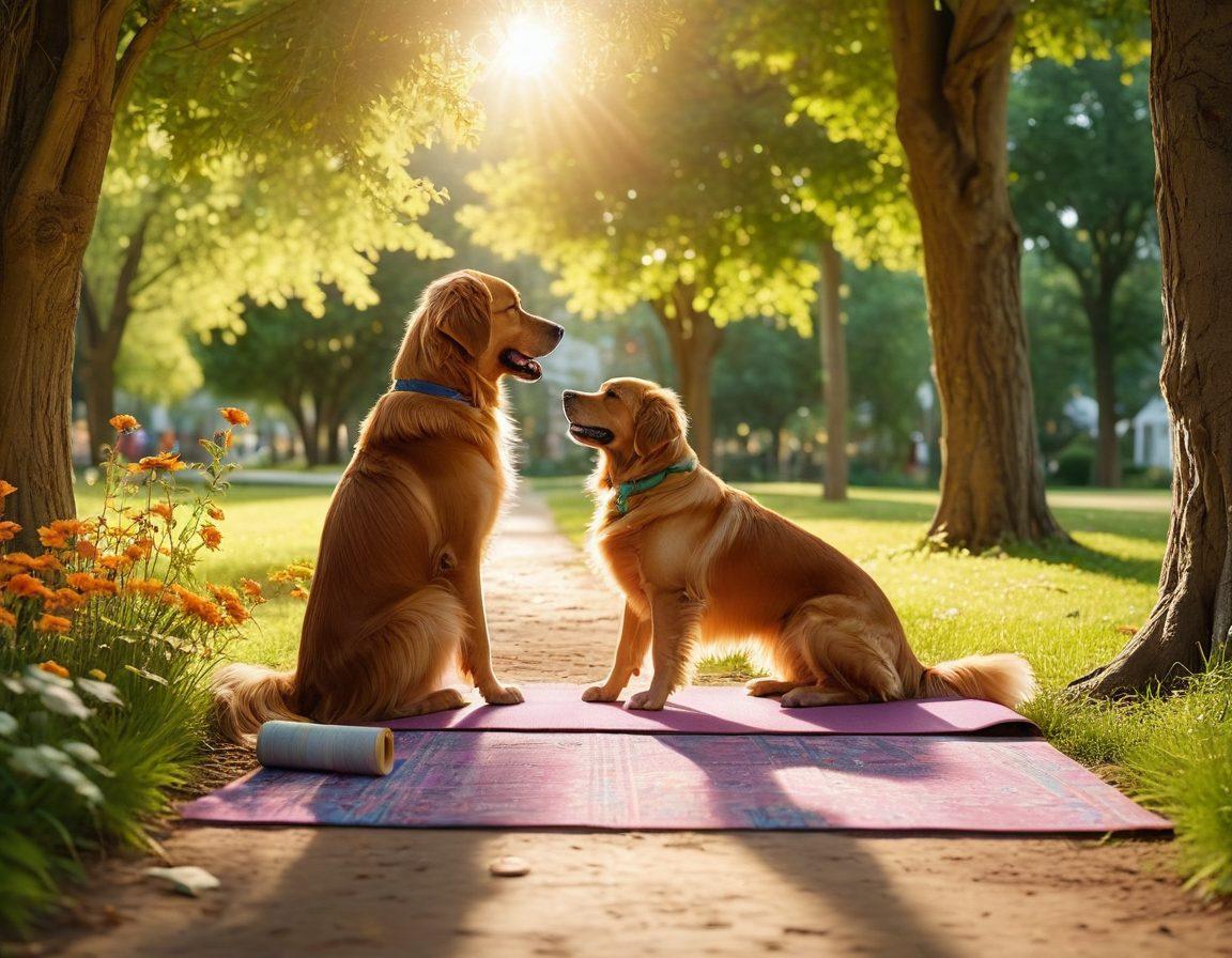 A heartwarming scene of a person playing joyfully with a golden retriever in a sun-drenched park. Surrounding them are elements of wellness like yoga mats, dog toys, and colorful flowers, symbolizing the bond between humans and dogs. The sunlight filters through trees, creating a serene ambiance that emphasizes happiness and companionship. super-realistic. vibrant colors. 3D.