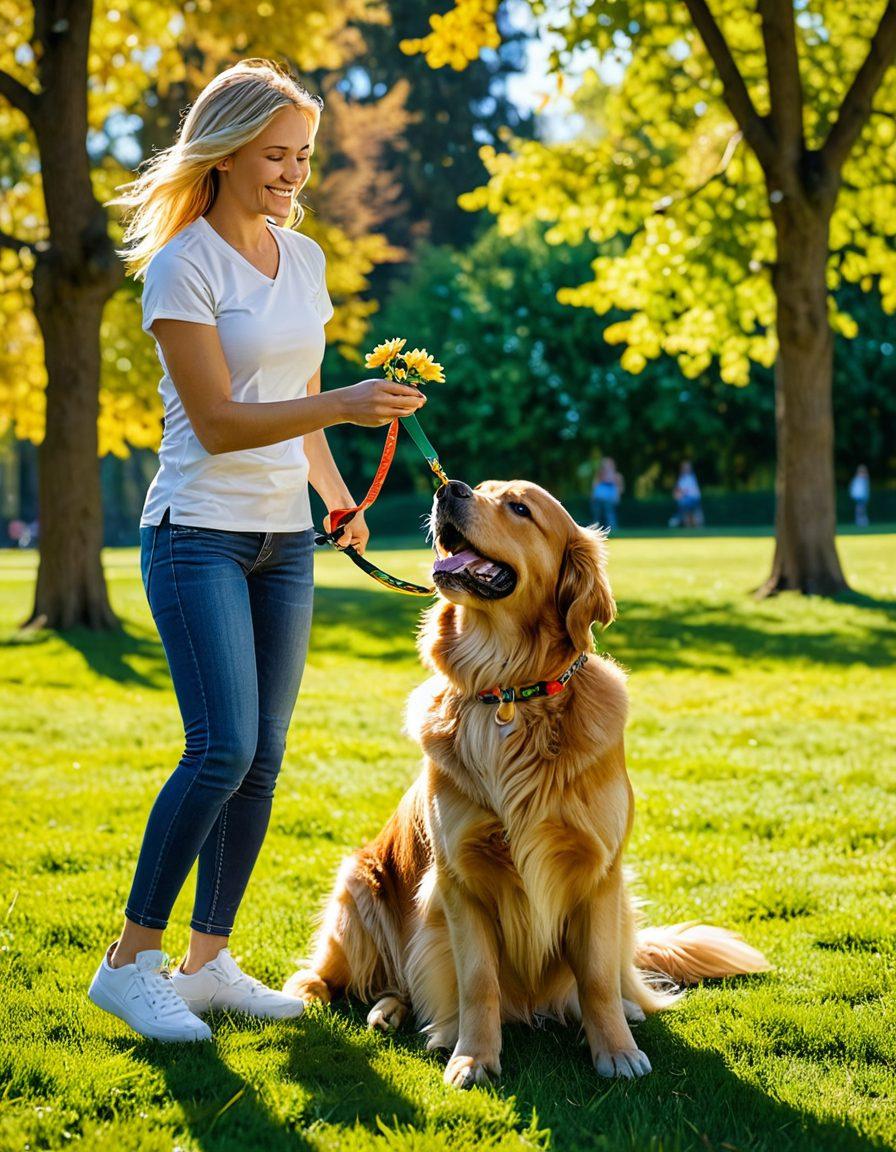A joyful dog training session in a sunny park, featuring a playful golden retriever happily learning commands with its owner. Surrounding the scene are vibrant green trees and colorful flowers, symbolizing an active and happy environment. Include a visible training leash and some training aids like treats and toys. The dog's fur is shining in the sunlight, showcasing its excitement. super-realistic. vibrant colors. sunny background.